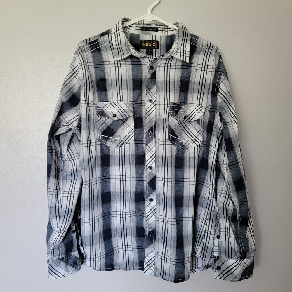 Helix Western Blue Plaid Button Up Shirt Mens L Athletic Fit Roll Tab Sleeves